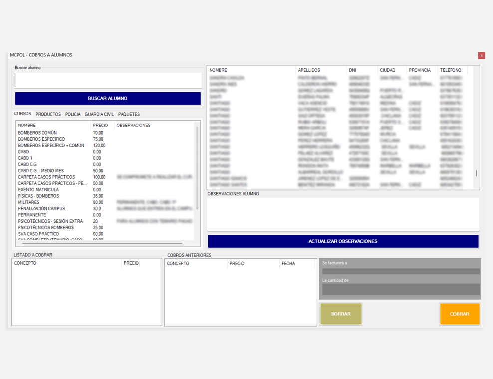 Gestión de tarifas y matriculación de alumnos
